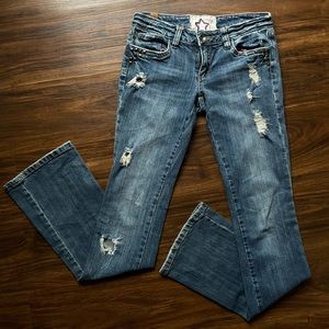 Dollhouse women’s ripped studded low rise blue jeans size 7